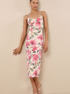 Lulus Harleigh Light Yellow Floral Column Halter Midi Dress - Size M